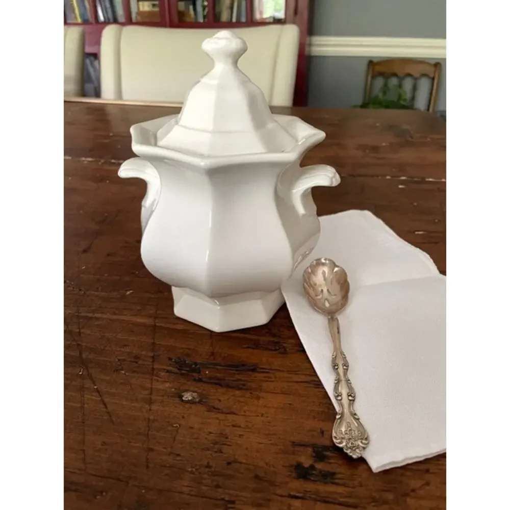 Vintage White Ironstone Style Octagonal Lidded Sugar Bowl Tea Bag Crock Jam Jar